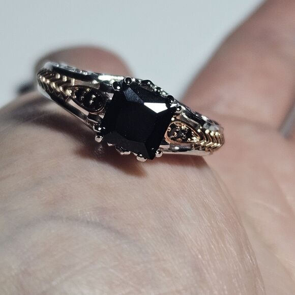 **Sale** Sterling Silver Gold Plated Black Rhinestone Ring Size 9 - Picture 2 of 12